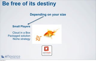 Be free of its destiny
                                    Depending on your size


                       Small Players

                       Cloud in a Box
                    Packaged solution
                       Niche strategy




jeudi 18 avril 13
 