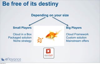 Be free of its destiny
                                    Depending on your size


                       Small Players                    Big Players

                       Cloud in a Box                   Cloud Framework
                    Packaged solution                   Custom solution
                       Niche strategy                   Mainstream offers




jeudi 18 avril 13
 
