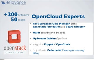 +200 customers OpenCloud Experts
              50 people
                      •   First European Gold Member of the
                          openstack foundation and Board Director

                      •   Major contributor in the code

                      •   UpStream Debian OpenStack

                      •   Integration Puppet / OpenStack

                      •   Project leader Ceilometer Metering/Accounting/
                          Billing

jeudi 18 avril 13
 