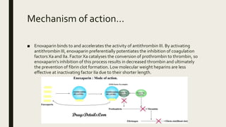 Mechanism of action…
■ Enoxaparin binds to and accelerates the activity of antithrombin III. By activating
antithrombin III, enoxaparin preferentially potentiates the inhibition of coagulation
factors Xa and IIa. Factor Xa catalyses the conversion of prothrombin to thrombin, so
enoxaparin's inhibition of this process results in decreased thrombin and ultimately
the prevention of fibrin clot formation. Low molecular weight heparins are less
effective at inactivating factor IIa due to their shorter length.
 