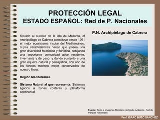PROTECCIÓN LEGAL ESTADO ESPAÑOL: Red de P. Nacionales Situado al sureste de la isla de Mallorca, el Archipiélago de Cabrera constituye desde 1991 el mejor ecosistema insular del Mediterráneo, cuyas características hacen que posea una gran diversidad faunística y florística, cobijando una importante comunidad aviar residente, invernante y de paso, y dando sustento a una gran riqueza natural y paisajística, con uno de los fondos marinos mejor conservados de nuestro litoral. Región   Mediterránea Sistema Natural al que representa:  Sistemas ligados a zonas costeras y plataforma continental  P.N. Archipiélago de Cabrera Fuente:  Texto e imágenes Ministerio de Medio Ambiente. Red de Parques Nacionales Prof. ISAAC BUZO SÁNCHEZ 