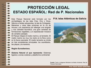 PROTECCIÓN LEGAL ESTADO ESPAÑOL: Red de P. Nacionales Este Parque Nacional está formado por los archipiélagos de las islas Cíes, Ons y Onza, Sálvora e islotes adyacentes, la isla de Cortegada, Malveiras y otras islas próximas en la ría de Arousa y se caracteriza por albergar una singular y rica variedad faunística, una gran variedad de formaciones vegetales y un espectacular mosaico de variados paisajes. El Parque integra el medio marino y el terrestre. El medio marino es muy rico tanto en la flora como en la fauna asociada .  El medio terrestre se divide en tres ecosistemas principales: los acantilados, las playas y la marisma,  Región Eurosiberiana. Sistema Natural al que representa:  Sistemas ligados a zonas costeras y plataforma continental  P.N. Islas Atlánticas de Galicia Fuente:  Texto e imágenes Ministerio de Medio Ambiente. Red de Parques Nacionales Prof. ISAAC BUZO SÁNCHEZ 