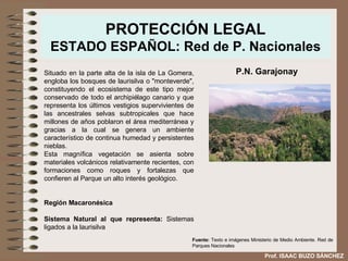 PROTECCIÓN LEGAL ESTADO ESPAÑOL: Red de P. Nacionales Situado  en la parte alta de la isla de La Gomera, engloba los bosques de laurisilva o "monteverde", constituyendo el ecosistema de este tipo mejor conservado de todo el archipiélago canario y que representa los últimos vestigios supervivientes de las ancestrales selvas subtropicales que hace millones de años poblaron el área mediterránea y gracias a la cual se genera un ambiente característico de continua humedad y persistentes nieblas.  Esta magnífica vegetación se asienta sobre materiales volcánicos relativamente recientes, con formaciones como roques y fortalezas que confieren al Parque un alto interés geológico. Región Macaronésica Sistema Natural al que representa:  Sistemas ligados a la laurisilva  P.N. Garajonay Fuente:  Texto e imágenes Ministerio de Medio Ambiente. Red de Parques Nacionales Prof. ISAAC BUZO SÁNCHEZ 