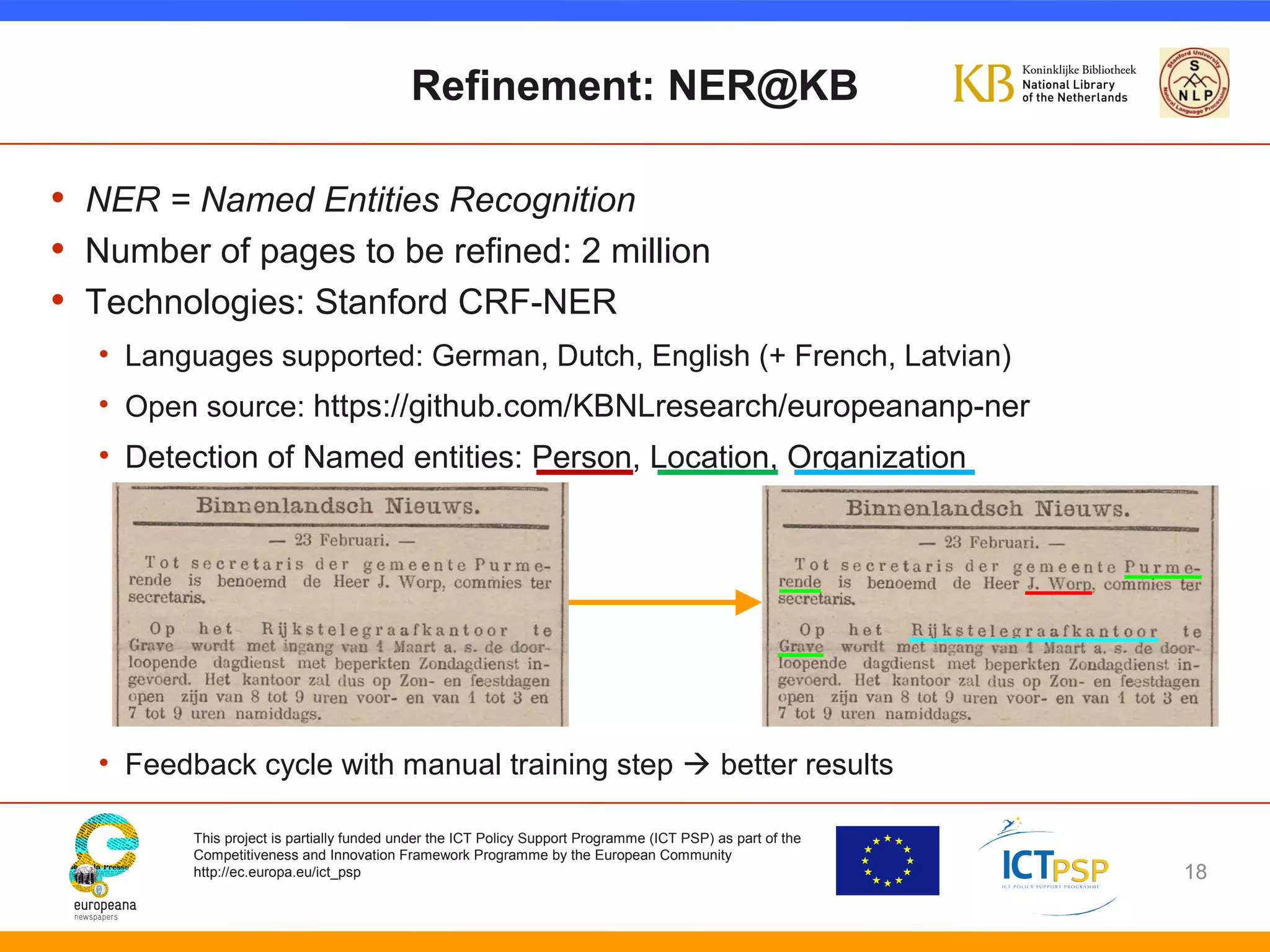 Refinement: NER@KB 
• NER = Named Entities Recognition 
• Number of pages to be refined: 2 million 
• Technologies: Stanford CRF-NER 
• Languages supported: German, Dutch, English (+ French, Latvian) 
• Open source: https://github.com/KBNLresearch/europeananp-ner 
• Detection of Named entities: Person, Location, Organization 
• Feedback cycle with manual training step  better results 
This project is partially funded under the ICT Policy Support Programme (ICT PSP) as part of the 
Competitiveness and Innovation Framework Programme by the European Community 
http://ec.europa.eu/ict_psp 
18 
 