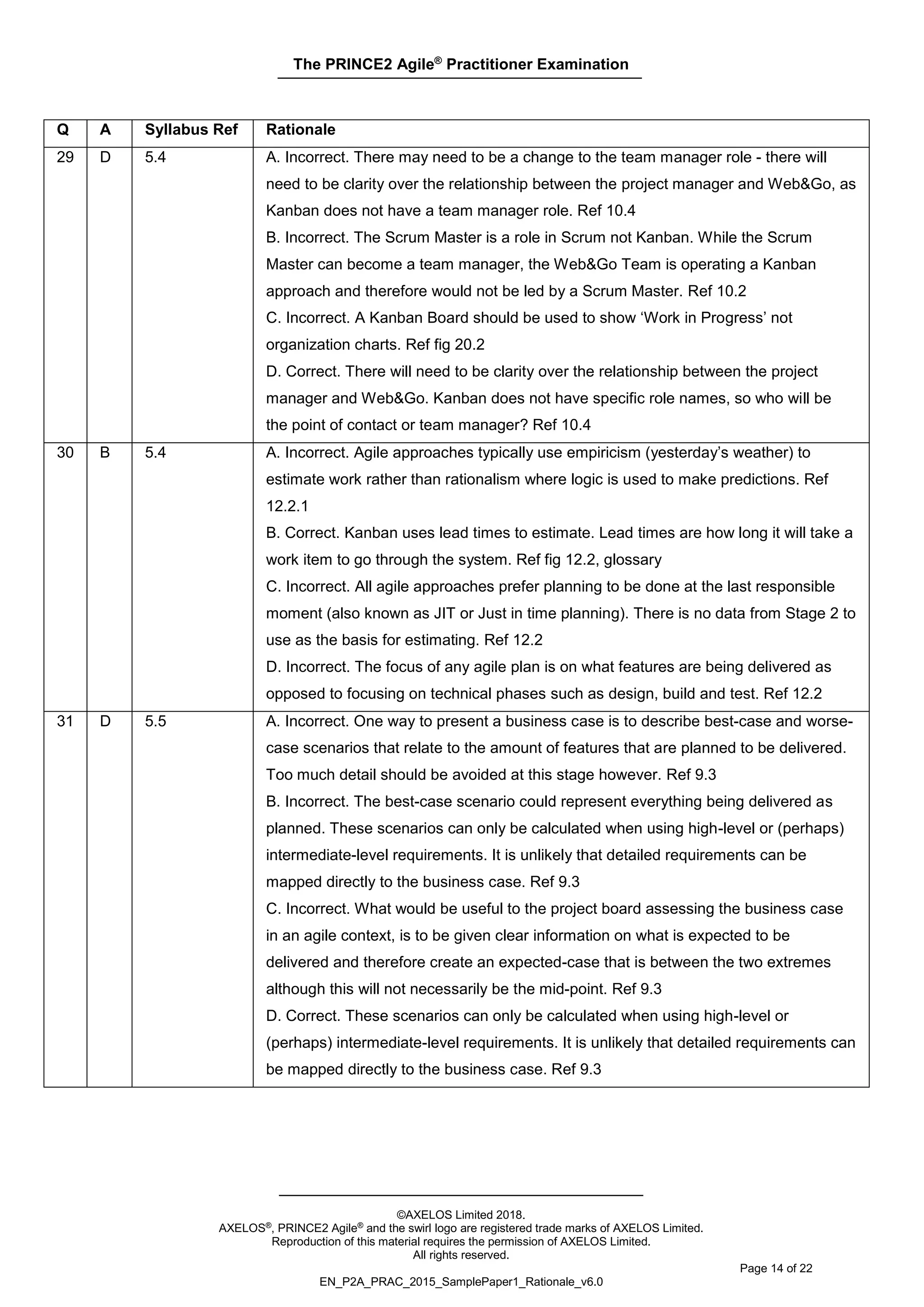 The PRINCE2 Agile®
Practitioner Examination
©AXELOS Limited 2018.
AXELOS®, PRINCE2 Agile® and the swirl logo are registered trade marks of AXELOS Limited.
Reproduction of this material requires the permission of AXELOS Limited.
All rights reserved.
Page 14 of 22
EN_P2A_PRAC_2015_SamplePaper1_Rationale_v6.0
Q A Syllabus Ref Rationale
29 D 5.4 A. Incorrect. There may need to be a change to the team manager role - there will
need to be clarity over the relationship between the project manager and Web&Go, as
Kanban does not have a team manager role. Ref 10.4
B. Incorrect. The Scrum Master is a role in Scrum not Kanban. While the Scrum
Master can become a team manager, the Web&Go Team is operating a Kanban
approach and therefore would not be led by a Scrum Master. Ref 10.2
C. Incorrect. A Kanban Board should be used to show ‘Work in Progress’ not
organization charts. Ref fig 20.2
D. Correct. There will need to be clarity over the relationship between the project
manager and Web&Go. Kanban does not have specific role names, so who will be
the point of contact or team manager? Ref 10.4
30 B 5.4 A. Incorrect. Agile approaches typically use empiricism (yesterday’s weather) to
estimate work rather than rationalism where logic is used to make predictions. Ref
12.2.1
B. Correct. Kanban uses lead times to estimate. Lead times are how long it will take a
work item to go through the system. Ref fig 12.2, glossary
C. Incorrect. All agile approaches prefer planning to be done at the last responsible
moment (also known as JIT or Just in time planning). There is no data from Stage 2 to
use as the basis for estimating. Ref 12.2
D. Incorrect. The focus of any agile plan is on what features are being delivered as
opposed to focusing on technical phases such as design, build and test. Ref 12.2
31 D 5.5 A. Incorrect. One way to present a business case is to describe best-case and worse-
case scenarios that relate to the amount of features that are planned to be delivered.
Too much detail should be avoided at this stage however. Ref 9.3
B. Incorrect. The best-case scenario could represent everything being delivered as
planned. These scenarios can only be calculated when using high-level or (perhaps)
intermediate-level requirements. It is unlikely that detailed requirements can be
mapped directly to the business case. Ref 9.3
C. Incorrect. What would be useful to the project board assessing the business case
in an agile context, is to be given clear information on what is expected to be
delivered and therefore create an expected-case that is between the two extremes
although this will not necessarily be the mid-point. Ref 9.3
D. Correct. These scenarios can only be calculated when using high-level or
(perhaps) intermediate-level requirements. It is unlikely that detailed requirements can
be mapped directly to the business case. Ref 9.3
 