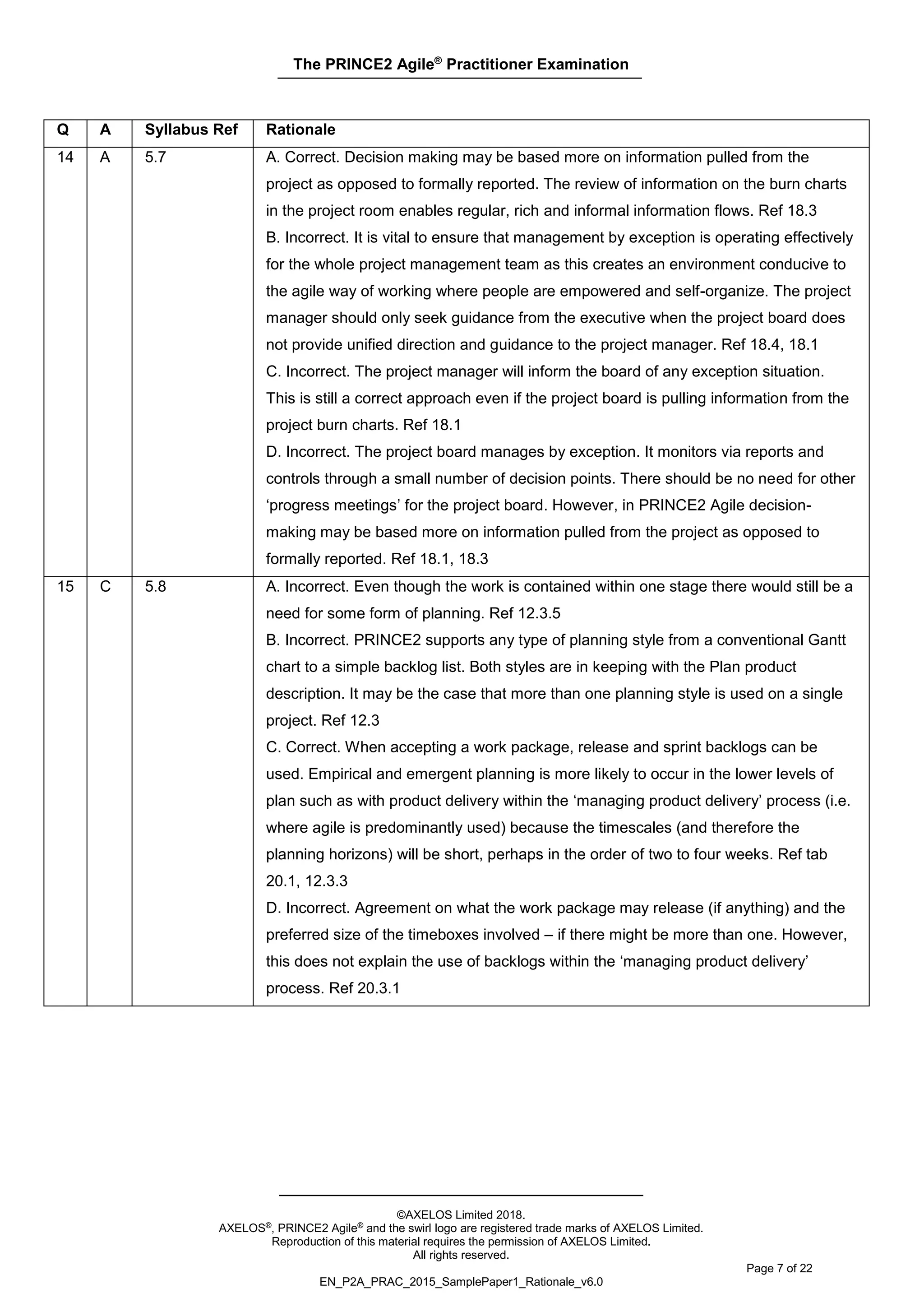The PRINCE2 Agile®
Practitioner Examination
©AXELOS Limited 2018.
AXELOS®, PRINCE2 Agile® and the swirl logo are registered trade marks of AXELOS Limited.
Reproduction of this material requires the permission of AXELOS Limited.
All rights reserved.
Page 7 of 22
EN_P2A_PRAC_2015_SamplePaper1_Rationale_v6.0
Q A Syllabus Ref Rationale
14 A 5.7 A. Correct. Decision making may be based more on information pulled from the
project as opposed to formally reported. The review of information on the burn charts
in the project room enables regular, rich and informal information flows. Ref 18.3
B. Incorrect. It is vital to ensure that management by exception is operating effectively
for the whole project management team as this creates an environment conducive to
the agile way of working where people are empowered and self-organize. The project
manager should only seek guidance from the executive when the project board does
not provide unified direction and guidance to the project manager. Ref 18.4, 18.1
C. Incorrect. The project manager will inform the board of any exception situation.
This is still a correct approach even if the project board is pulling information from the
project burn charts. Ref 18.1
D. Incorrect. The project board manages by exception. It monitors via reports and
controls through a small number of decision points. There should be no need for other
‘progress meetings’ for the project board. However, in PRINCE2 Agile decision-
making may be based more on information pulled from the project as opposed to
formally reported. Ref 18.1, 18.3
15 C 5.8 A. Incorrect. Even though the work is contained within one stage there would still be a
need for some form of planning. Ref 12.3.5
B. Incorrect. PRINCE2 supports any type of planning style from a conventional Gantt
chart to a simple backlog list. Both styles are in keeping with the Plan product
description. It may be the case that more than one planning style is used on a single
project. Ref 12.3
C. Correct. When accepting a work package, release and sprint backlogs can be
used. Empirical and emergent planning is more likely to occur in the lower levels of
plan such as with product delivery within the ‘managing product delivery’ process (i.e.
where agile is predominantly used) because the timescales (and therefore the
planning horizons) will be short, perhaps in the order of two to four weeks. Ref tab
20.1, 12.3.3
D. Incorrect. Agreement on what the work package may release (if anything) and the
preferred size of the timeboxes involved – if there might be more than one. However,
this does not explain the use of backlogs within the ‘managing product delivery’
process. Ref 20.3.1
 