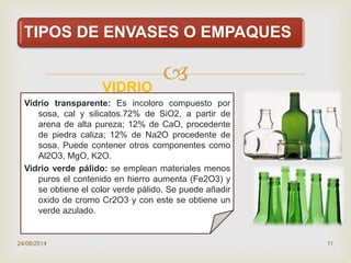 
TIPOS DE ENVASES O EMPAQUES
VIDRIO
Vidrio transparente: Es incoloro compuesto por
sosa, cal y silicatos.72% de SiO2, a partir de
arena de alta pureza; 12% de CaO, procedente
de piedra caliza; 12% de Na2O procedente de
sosa. Puede contener otros componentes como
Al2O3, MgO, K2O.
Vidrio verde pálido: se emplean materiales menos
puros el contenido en hierro aumenta (Fe2O3) y
se obtiene el color verde pálido. Se puede añadir
oxido de cromo Cr2O3 y con este se obtiene un
verde azulado.
24/08/2014 11
 