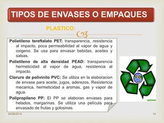 
TIPOS DE ENVASES O EMPAQUES
PLASTICO:
Polietileno tereftalato PET: transparencia, resistencia
al impacto, poca permeabilidad al vapor de agua y
oxigeno. Se usa para envasar bebidas, aceites y
salsas.
Polietileno de alta densidad PEAD: transparencia
hermeticidad al vapor de agua, resistencia al
impacto.
Cloruro de polivinilo PVC: Se utiliza en la elaboracion
de envase para aceite, jugos, aderezos. Resistencia
mecanica, hermeticidad a aromas, gas y vapor de
agua.
Polipropileno PP: El PP se elaboran envases para
helados, margarinas. Se utiliza una película para
envasado de frutas y golosinas.
24/08/2014 14
 