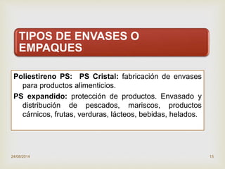 
TIPOS DE ENVASES O
EMPAQUES
Poliestireno PS: PS Cristal: fabricación de envases
para productos alimenticios.
PS expandido: protección de productos. Envasado y
distribución de pescados, mariscos, productos
cárnicos, frutas, verduras, lácteos, bebidas, helados.
24/08/2014 15
 