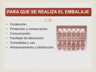 
PARA QUE SE REALIZA EL EMBALAJE
• Contención.
• Protección y conservación.
• Comunicación.
• Facilidad de fabricación.
• Comodidad y uso
• Almacenamiento y distribución.
38
 
