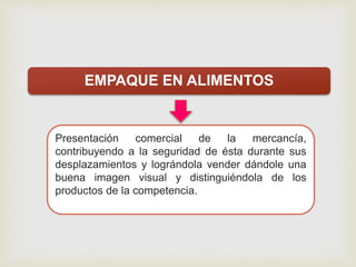 
Presentación comercial de la mercancía,
contribuyendo a la seguridad de ésta durante sus
desplazamientos y lográndola vender dándole una
buena imagen visual y distinguiéndola de los
productos de la competencia.
EMPAQUE EN ALIMENTOS
 