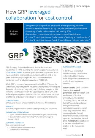 How GRP leveraged
collaboration for cost control
GRP, formerly Gujarat Reclaim and Rubber Products and
established in 1974, is among the world’s largest manufacturers
of reclaimed rubber from use tyres, up-scaled polyamides from
nylon waste and engineered products die-cut from end-of-life
tyres. The company is organized into 3 businesses with a
combined yearly production capacity of 79,000 MT.
While GRP’s revenues have grown with a CAGR of 27% over the
last decade, its profit growth has come under pressure in the past
8 quarters. Input costs play a big role in defining margins in this
industry – and have been on the upswing since 2012. GRP, with
enParadigm’s programs, imbibed this cost minimization mind-set
at all levels, and acquired the tools to collaborate for the same.
COMPANY / TYPE
GRP (Gujarat Rubber & Reclaim Ltd.) / SME (Revenue INR 50-500 Cr.)
INDUSTRY
Manufacturing of reclaimed rubber, rubber products, and polyamides
ENPARADIGM INTERVENTIONS
- 1 Aspire Simulation WorkshopsTM (Middle managers, all functions)
- 1 Operations Simulation WorkshopTM (Plant-level managers)
(January 2014)
CONCERNS ADDRESSED
Cost optimization through
- Cross-functional collaboration and
- Acute financial awareness
BUSINESS CHALLENGE
In 2012-13, a substantial
increase in input costs for the
reclaimed rubber industry
made a significant dent in GRP’s
profits despite increasing
revenue.
Harsh Gandhi, GRP’s Executive
Director, is a second-
generation entrepreneur, and
an alumnus of Purdue
University and the Boston
Consulting Group. He realized
that GRP needed a sustained
and systematic cost
optimization program – which
could only be achieved if his
managers broke through
departmental silos and worked
together. He therefore formed
cross-functional councils (one
at the executive level and
another at the managerial
level).
– Long-term pricing with an extended, 3-year planning window
– Accounts receivable reduced by 10%, delayed receipts down 60%
– Inventory of selected materials reduced by 50%
– Data-driven preventive maintenance to avoid breakdowns
– 2 out of 3 participants now “collaborate effectively across functions”
– 3 out of 4 participants now “track financial impact of every decision”
Business
Results
www.enParadigm.com 1
CLIENT STORY (SME)
GRP: COST CONTROL THROUGH COLLABORATION | enParadigm
 