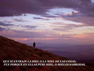 QUE SI EXTRAJE LA HIEL O LA MIEL DE LAS COSAS,
FUE PORQUE EN ELLAS PUSE HIEL, O MIELES SABROSAS.
 