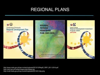 REGIONAL PLANS
http://www.neda.gov.ph/wp-content/uploads/2013/10/RegIX_RDP_2011-2016.pdf
http://rdc2.gov.ph/neda/images/rp...