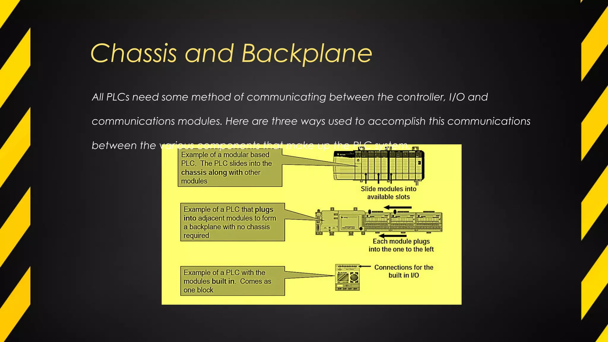Chassis and Backplane
All PLCs need some method of communicating between the controller, I/O and
communications modules. Here are three ways used to accomplish this communications
between the various components that make up the PLC system.
 