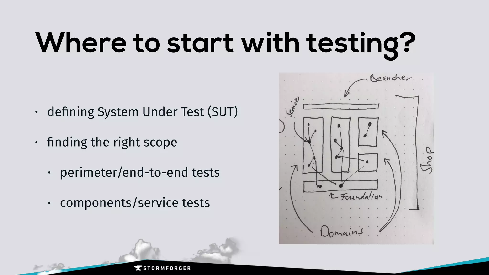 Where to start with testing?
• deﬁning System Under Test (SUT)
• ﬁnding the right scope
• perimeter/end-to-end tests
• components/service tests
 