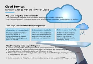 Platform-as-a-service (PaaS)
refers to cloud computing
services that supply an
on-demand environment for
developing, testing.
The most basic domain of cloud
computing services is
Infrastructure-as-a-service IaaS
which includes providing servers
online on demand.
Why Cloud computing is the way ahead?
Cloud computing has completely revolutionized the technology and business scenes today.
Cloud Computing leverages the power of various other technologies like mobility, Big Data, and Advanced Analytics.
Cloud Services
Winds of Change with the Power of Cloud
Cloud Computing Made easy with Enpersol
 Enpersol Technologies has the indispensable skills and expertise to deliver cloud-based SAP.
 Achieve more with less by using automation, self-service, virtualization, and standardization with
the Amalgamation of our Cloud Computing and SAP support services.
 With our cloud services, we can help you in the judicial usage of cloud technologies, migrate your existing systems
or deploy new ones with ease.
A flawless preparation for the digital era with our cloud computing services coupled with SAP support services.
Infrastructure-as-a-service (IaaS) : Software as a service (SaaS) :
Software-as-a-service (SaaS) is a
method for delivering software
applications over the Internet,
on demand or on subscription.
Platform as a service (PaaS) :
Three Major Domains of Cloud computing services
 
