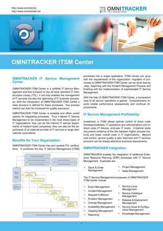 http://www.omninet.biz
http://www.omnitracker.biz




OMNITRACKER ITSM Center

                                                                       processes into a single application. ITSM Center can grow
OMNITRACKER IT Service Management                                      with the requirements of the organization: migration of pro-
Center                                                                 cesses to OMNITRACKER ITSM Center can be done step-by
                                                                       -step, beginning with the Incident Management Process and
OMNITRACKER ITSM Center is a certified IT Service Man-                 finishing with the implementation of sophisticated IT Service
agement tool that is based on the de facto standard IT Infra-          Management.
structure Library (ITIL). It not only enables the management
of IT services but also the optimizing of IT business process-         With the help of OMNITRACKER ITSM Center, a transparent
es. With the introduction of OMNITRACKER ITSM Center a                 view of all service operations is gained. Comprehensive re-
clear structure is defined for these processes. Key process            ports enable performance assessments and continual im-
metrics can then be monitored for quality assurance.                   provements.

OMNITRACKER ITSM Center is scalable and offers varied
                                                                       IT Service Management Profitability
options for integrating processes. Thus it allows IT Service
Management to be implemented in the most divers types of
                                                                       Investment in ITSM allows optimal control of direct costs
IT organizations: they can be the internal IT service depart-
                                                                       (hardware/software, IT operations and administration) and in-
ments of medium-sized companies; they can also be the de-
                                                                       direct costs (IT failures, end-user IT costs). A Gartner study
partments of an external provider of IT services to large inter-
                                                                       documents evidence of the link between higher process ma-
national corporations.
                                                                       turity and lower overall costs in IT organisations. Beyond
                                                                       cost control, service quality is also improved and IT services
Benefits for Your Organization                                         provision can be closely tailored to business requirements.
OMNITRACKER ITSM Center has won several ITIL certifica-
tions. It combines the key IT Service Management (ITSM)                OMNITRACKER Integration
                                                                       OMNITRACKER enables the integration of additional Enter-
                                                                       prise Resource Planning (ERP) processes with IT Service
                                                                       Management. Examples are:

                                                                           Stock & Order                  Project Management
                                                                           Management                     Sales Management

                                                                       The IT Service Management processes of OMNITRACKER
                                                                       ITSM Center include:

                                                                           Event Management               Service Level
                                                                                                          Management
                                                                           Incident Management
                                                                                                          Service Catalogue
                                                                           Request Fulfilment
                                                                                                          Management
                                                                           Problem Management             Release & Deployment
                                                                           Change Management              Management
                                                                           Availability Management        Service Asset & Configu-
                                                                           Capacity Management            ration Management

                                                                           Reporting                      Knowledge Management


                                                                   1
 
