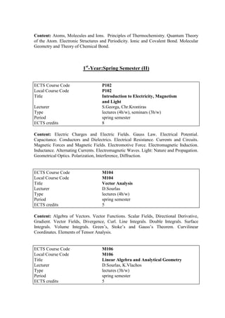 Content: Atoms, Molecules and Ions. Principles of Thermochemistry. Quantum Theory
of the Atom. Electronic Structures and Periodicity. Ionic and Covalent Bond. Molecular
Geometry and Theory of Chemical Bond.
1st
-Year:Spring Semester (II)
Content: Electric Charges and Electric Fields. Gauss Law. Electrical Potential.
Capacitance. Conductors and Dielectrics. Electrical Resistance. Currents and Circuits.
Magnetic Forces and Magnetic Fields. Electromotive Force. Electromagnetic Induction.
Inductance. Alternating Currents. Electromagnetic Waves. Light: Nature and Propagation.
Geometrical Optics. Polarization, Interference, Diffraction.
Content: Algebra of Vectors. Vector Functions. Scalar Fields, Directional Derivative,
Gradient. Vector Fields, Divergence, Curl. Line Integrals. Double Integrals. Surface
Integrals. Volume Integrals. Green‟s, Stoke‟s and Gauss‟s Theorem. Curvilinear
Coordinates. Elements of Tensor Analysis.
ECTS Course Code P102
Local Course Code P102
Title Introduction to Electricity, Magnetism
and Light
Lecturer S.Georga, Chr.Krontiras
Type lectures (4h/w), seminars (3h/w)
Period spring semester
ECTS credits 8
ECTS Course Code M104
Local Course Code M104
Title Vector Analysis
Lecturer D.Sourlas
Type lectures (4h/w)
Period spring semester
ECTS credits 5
ECTS Course Code M106
Local Course Code M106
Title Linear Algebra and Analytical Geometry
Lecturer D.Sourlas, K.Vlachos
Type lectures (3h/w)
Period spring semester
ECTS credits 5
 