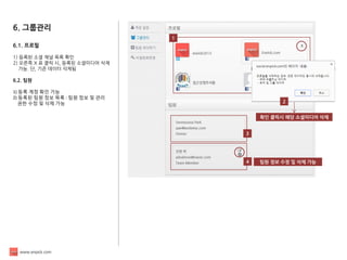 www.enpick.com 
6. 그룹관리 
6.1. 프로필 
1) 등록된 소셜 채널 목록 확인 
2) 오른쪽 X 표 클릭 시, 등록된 소셜미디어 삭제 
가능. 단, 기존 데이터 삭제됨 
6.2. 팀원 
1) 등록 계정 확인 가능 
2) 등록된 팀원 정보 목록 : 팀원 정보 및 관리 
권한 수정 및 삭제 가능 
1 
확인 클릭시 해당 소셜미디어 삭제 
2 
3 
4 
팀원 정보 수정 및 삭제 가능  