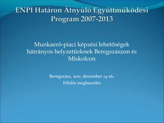 Munkaerő-piaci képzési lehetőségek
hátrányos helyzetűeknek Beregszászon és
Miskolcon
Beregszász, 2011. december 14-16.
Félidős megbeszélés
 