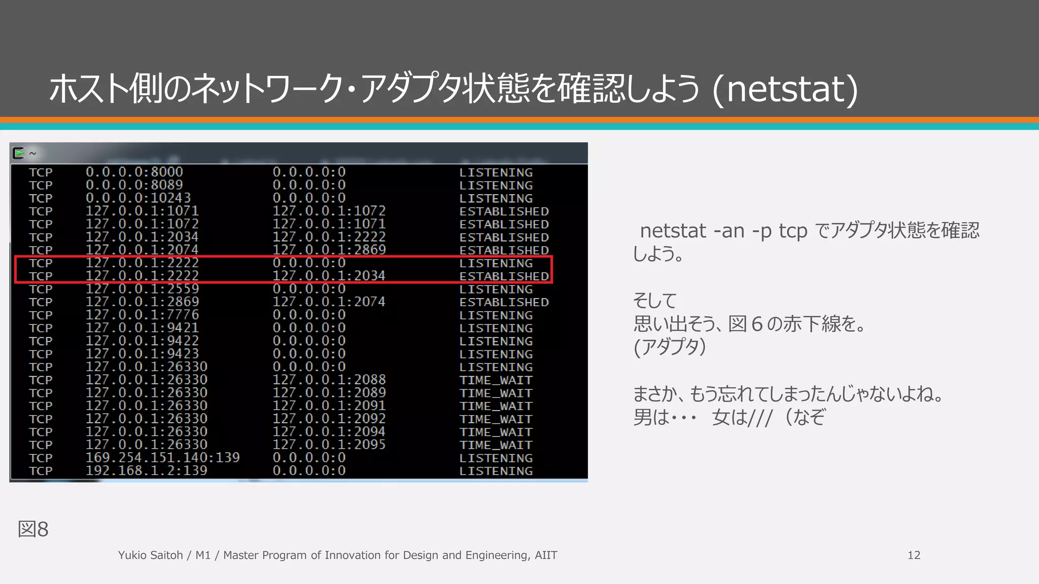 仮想マシンを起動させよう。
赤下線の意味は理解しておこう。赤線じゃないよ（なぞ
図6
Vagrant コマンド
Yukio Saitoh / M1 / Master Program of Innovation for Design and Engineering, AIIT 12
 