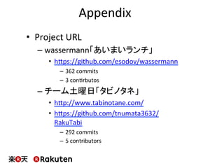 Appendix	
  
•  Project	
  URL	
  
– wassermann「あいまいランチ」	
  
•  hbps://github.com/esodov/wassermann	
  
–  362	
  commits	
  
–  3	
  conMrbutos	
  
– チーム土曜日「タビノタネ」	
  
•  hbp://www.tabinotane.com/	
  
•  hbps://github.com/tnumata3632/
RakuTabi	
  
–  292	
  commits	
  
–  5	
  contributors	
  
 