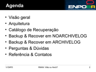 Visão geral Arquitetura Catálogo de Recuperação Backup & Recover em NOARCHIVELOG Backup & Recover em ARCHIVELOG Perguntas & Dúvidas Referência & Contatos Agenda 