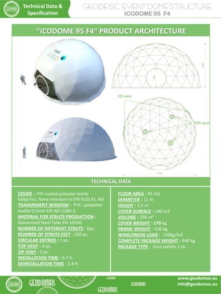 GEODESIC EVENT DOME STRUCTURE
ICODOME 95 F4
TECHNICAL DATA
COVER : PVC-coated polyester textile
630gr/m2, flame retardant to DIN 4102 B1, M2
TRANSPARENT WINDOW : PVC- polyester
textile 0,5mm EN ISO 2286-2
MATERIAL FOR STRUTS PRODUCTION :
Galvanized Steel Tube EN 10240
NUMBER OF DIFFERENT STRUTS : 6pc.
NUMBER OF STRUTS FEET : 250 pc.
CIRCULAR ENTRIES : 1 pc.
TOP VENT : 3 pc.
ZIP VENT : 2 pc.
INSTALLATION TIME : 5-7 h
DEINSTALLATION TIME : 3-4 h
FLOOR AREA : 95 m2
DIAMETER : 11 m
HEIGHT : 5,5 m
COVER SURFACE : 190 m2
VOLUME : 290 m³
COVER WEIGHT : 170 kg
FRAME WEIGHT : 530 kg
WIND/SNOW LOAD : 150kg/m2
COMPLETE PACKAGE WEIGHT : 440 kg
PACKAGE TYPE : Euro pallets 2 pc.
Technical Data &
Specification
“ICODOME 95 F4“ PRODUCT ARCHITECTURE
TOP vent
ZIP vent
www.geodomas.eu
info@geodomas.eu
 