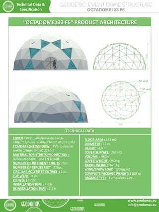 TECHNICAL DATA
COVER : PVC-coated polyester textile
630gr/m2, flame retardant to DIN 4102 B1, M2
TRANSPARENT WINDOW : PVC- polyester
textile 0,5mm EN ISO 2286-2
MATERIAL FOR STRUTS PRODUCTION :
Galvanized Steel Tube EN 10240
NUMBER OF DIFFERENT STRUTS : 9pc.
NUMBER OF STRUTS FEET : 228pc.
CIRCULAR POLYESTER ENTRIES : 1 pc.
TOP WENT : 3 pc.
ZIP WENT : 2 pc.
INSTALLATION TIME : 4-6 h
DEINSTALLATION TIME : 2-3 h
FLOOR AREA : 133 m2
DIAMETER : 13 m
HEIGHT : 6,5 m
COVER SURFACE : 265 m2
VOLUME : 480m³
COVER WEIGHT : 250 kg
FRAME WEIGHT: 670 kg
WIND/SNOW LOAD: 120kg/m2
COMPLETE PACKAGE WEIGHT: 1100 kg
PACKAGE TYPE: Euro pallets 2 pc.
“OCTADOME133 F6“ PRODUCT ARCHITECTURE
TOP vent
ZIP vent
GEODESIC EVENT DOME STRUCTURE
OCTADOME133 F6
Technical Data &
Specification
www.geodomas.eu
info@geodomas.eu
 