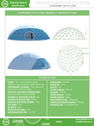 TECHNICAL DATA
COVER : PVC-coated polyester textile
630gr/m2, flame retardant to DIN 4102 B1, M2
TRANSPARENT WINDOW : PVC- polyester
textile 0,5mm EN ISO 2286-2
MATERIAL FOR STRUTS PRODUCTION :
Galvanized Steel Tube EN 10240
NUMBER OF DIFFERENT STRUTS: 6pc.
NUMBER OF STRUTS FEET: 250 pc.
CIRCULAR POLYESTER ENTRIES : 1 pc.
TOP WENT : 3 pc.
ZIP WENT : 2 pc.
INSTALLATION TIME : 5-8 h
DEINSTALLATION TIME : 1,5-3 h
FLOOR AREA : 154 m2
DIAMETER : 14 m
HEIGHT : 5 m
COVER SURFACE : 245 m2
VOLUME : 555 m³
COVER WEIGHT : 220 kg
FRAME WEIGHT: 920kg
WIND/SNOW LOAD: 120kg/m2
COMPLETE PACKAGE WEIGHT: 1200 kg
PACKAGE TYPE: Euro pallets 3 pc.
ICODOME154 F4 LOW PRODUCT ARCHITECTURE
TOP vent
ZIP vent
NAMIOTY EWENTOWE
Specjaliści z branży
VIP NAMIOTY EWENTOWE
ICODOME 154 F4 LOW
GEODESIC EVENT DOME STRUCTURE
ICODOME154 F4 LOW
Technical Data &
Specification
www.geodomas.eu
info@geodomas.eu
 