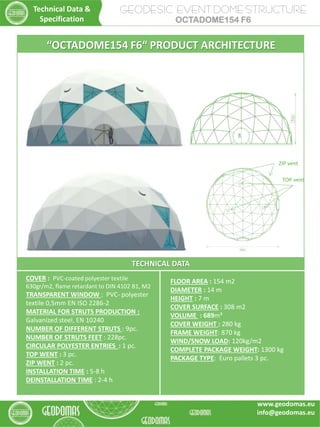 TECHNICAL DATA
COVER : PVC-coated polyester textile
630gr/m2, flame retardant to DIN 4102 B1, M2
TRANSPARENT WINDOW : PVC- polyester
textile 0,5mm EN ISO 2286-2
MATERIAL FOR STRUTS PRODUCTION :
Galvanized steel, EN 10240
NUMBER OF DIFFERENT STRUTS : 9pc.
NUMBER OF STRUTS FEET : 228pc.
CIRCULAR POLYESTER ENTRIES : 1 pc.
TOP WENT : 3 pc.
ZIP WENT : 2 pc.
INSTALLATION TIME : 5-8 h
DEINSTALLATION TIME : 2-4 h
FLOOR AREA : 154 m2
DIAMETER : 14 m
HEIGHT : 7 m
COVER SURFACE : 308 m2
VOLUME : 689m³
COVER WEIGHT : 280 kg
FRAME WEIGHT: 870 kg
WIND/SNOW LOAD: 120kg/m2
COMPLETE PACKAGE WEIGHT: 1300 kg
PACKAGE TYPE: Euro pallets 3 pc.
“OCTADOME154 F6“ PRODUCT ARCHITECTURE
TOP vent
ZIP vent
GEODESIC EVENT DOME STRUCTURE
OCTADOME154 F6
Technical Data &
Specification
www.geodomas.eu
info@geodomas.eu
 