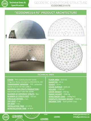 GEODESIC EVENT DOME STRUCTURE
ICODOME314 F6
TECHNICAL DATA
COVER : PVC-coated polyester textile
670gr/m2, flame retardant to DIN 4102 B1, M2
TRANSPARENT WINDOW : PVC- polyester
textile 0,5mm EN ISO 2286-2
MATERIAL FOR STRUTS PRODUCTION :
Galvanized Steel Tube EN 10240
NUMBER OF DIFFERENT STRUTS : 9pc.
NUMBER OF STRUTS FEET : 555 pc.
CIRCULAR ENTRIES : 2 pc.
TOP VENT : 5 pc.
ZIP VENT : 3 pc.
INSTALLATION TIME : 12-15 h
DEINSTALLATION TIME : 8-10 h
FLOOR AREA : 314 m2
DIAMETER : 20 m
HEIGHT : 10 m
COVER SURFACE : 628 m2
VOLUME : 2700 m³
COVER WEIGHT : 550 kg
FRAME WEIGHT : 1500 kg
WIND/SNOW LOAD : 150kg/m2
COMPLETE PACKAGE WEIGHT : 2300 kg
PACKAGE TYPE : Euro pallets 8 pc.
Technical Data &
Specification
“ICODOME314 F6“ PRODUCT ARCHITECTURE
TOP vent
ZIP vent
www.geodomas.eu
info@geodomas.eu
 