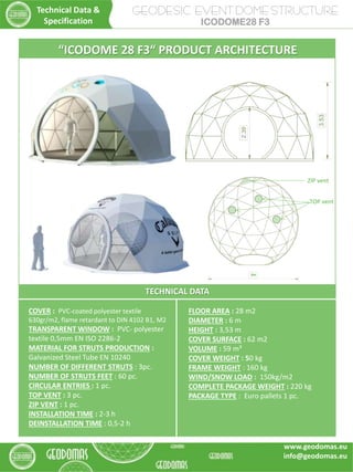 GEODESIC EVENT DOME STRUCTURE
ICODOME28 F3
TECHNICAL DATA
COVER : PVC-coated polyester textile
630gr/m2, flame retardant to DIN 4102 B1, M2
TRANSPARENT WINDOW : PVC- polyester
textile 0,5mm EN ISO 2286-2
MATERIAL FOR STRUTS PRODUCTION :
Galvanized Steel Tube EN 10240
NUMBER OF DIFFERENT STRUTS : 3pc.
NUMBER OF STRUTS FEET : 60 pc.
CIRCULAR ENTRIES : 1 pc.
TOP VENT : 3 pc.
ZIP VENT : 1 pc.
INSTALLATION TIME : 2-3 h
DEINSTALLATION TIME : 0,5-2 h
FLOOR AREA : 28 m2
DIAMETER : 6 m
HEIGHT : 3,53 m
COVER SURFACE : 62 m2
VOLUME : 59 m³
COVER WEIGHT : 50 kg
FRAME WEIGHT : 160 kg
WIND/SNOW LOAD : 150kg/m2
COMPLETE PACKAGE WEIGHT : 220 kg
PACKAGE TYPE : Euro pallets 1 pc.
Technical Data &
Specification
“ICODOME 28 F3“ PRODUCT ARCHITECTURE
6m
TOP vent
ZIP vent
www.geodomas.eu
info@geodomas.eu
 