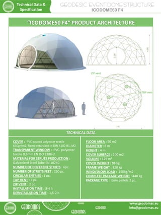 GEODESIC EVENT DOME STRUCTURE
ICODOME50 F4
TECHNICAL DATA
COVER : PVC-coated polyester textile
630gr/m2, flame retardant to DIN 4102 B1, M2
TRANSPARENT WINDOW : PVC- polyester
textile 0,5mm EN ISO 2286-2
MATERIAL FOR STRUTS PRODUCTION :
Galvanized Steel Tube EN 10240
NUMBER OF DIFFERENT STRUTS : 6pc.
NUMBER OF STRUTS FEET : 250 pc.
CIRCULAR ENTRIES : 1 pc.
TOP VENT : 3 pc.
ZIP VENT : 2 pc.
INSTALLATION TIME : 3-4 h
DEINSTALLATION TIME : 1,5-2 h
FLOOR AREA : 50 m2
DIAMETER : 8 m
HEIGHT : 4 m
COVER SURFACE : 100 m2
VOLUME : 129 m³
COVER WEIGHT : 93 kg
FRAME WEIGHT : 320 kg
WIND/SNOW LOAD : 150kg/m2
COMPLETE PACKAGE WEIGHT : 440 kg
PACKAGE TYPE : Euro pallets 2 pc.
Technical Data &
Specification
“ICODOME50 F4“ PRODUCT ARCHITECTURE
TOP vent
ZIP vent
www.geodomas.eu
info@geodomas.eu
 