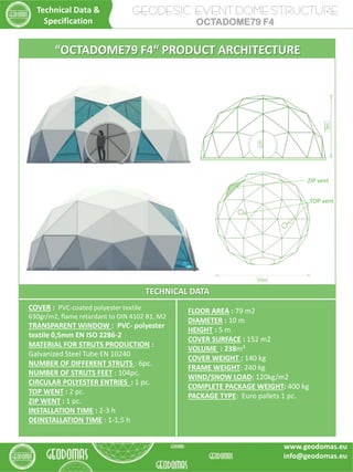 TECHNICAL DATA
COVER : PVC-coated polyester textile
630gr/m2, flame retardant to DIN 4102 B1, M2
TRANSPARENT WINDOW : PVC- polyester
textile 0,5mm EN ISO 2286-2
MATERIAL FOR STRUTS PRODUCTION :
Galvanized Steel Tube EN 10240
NUMBER OF DIFFERENT STRUTS : 6pc.
NUMBER OF STRUTS FEET : 104pc.
CIRCULAR POLYESTER ENTRIES : 1 pc.
TOP WENT : 2 pc.
ZIP WENT : 1 pc.
INSTALLATION TIME : 2-3 h
DEINSTALLATION TIME : 1-1,5 h
FLOOR AREA : 79 m2
DIAMETER : 10 m
HEIGHT : 5 m
COVER SURFACE : 152 m2
VOLUME : 238m³
COVER WEIGHT : 140 kg
FRAME WEIGHT: 240 kg
WIND/SNOW LOAD: 120kg/m2
COMPLETE PACKAGE WEIGHT: 400 kg
PACKAGE TYPE: Euro pallets 1 pc.
“OCTADOME79 F4“ PRODUCT ARCHITECTURE
TOP vent
ZIP vent
GEODESIC EVENT DOME STRUCTURE
OCTADOME79 F4
Technical Data &
Specification
www.geodomas.eu
info@geodomas.eu
 