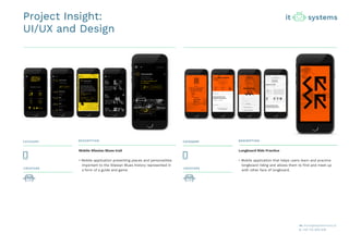 Project Insight:
UI/UX and Design
CATEGORY
CREATORS CREATORS
DESCRIPTION
Mobile Silesian Blues trail
• Mobile application presenting places and personalities
important to the Silesian Blues history represented in
a form of a guide and game.
Longboard Ride Practice
• Mobile application that helps users learn and practice
longboard riding and allows them to find and meet up
with other fans of longboard.
 