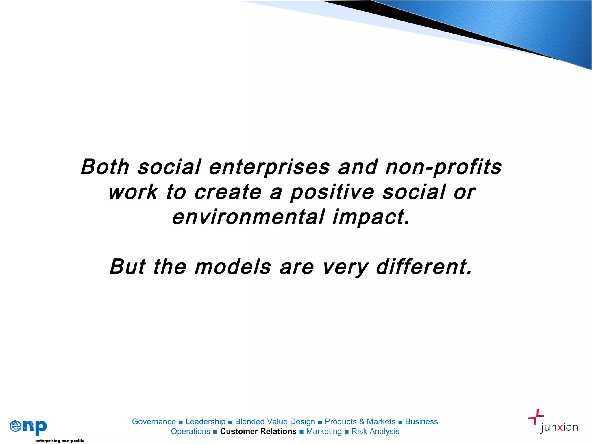 Both social enterprises and non-profits
work to create a positive social or
environmental impact.
But the models are very different.
Governance ■ Leadership ■ Blended Value Design ■ Products & Markets ■ Business
Operations ■ Customer Relations ■ Marketing ■ Risk Analysis
 