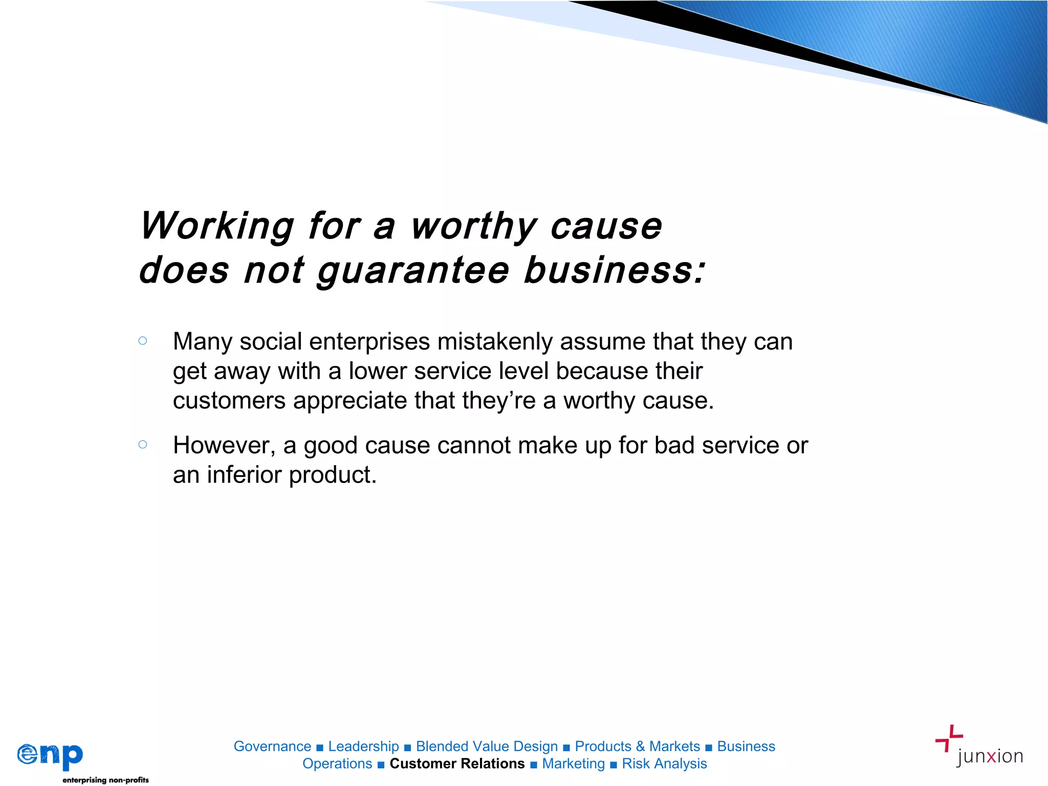 o Many social enterprises mistakenly assume that they can
get away with a lower service level because their
customers appreciate that they’re a worthy cause.
o However, a good cause cannot make up for bad service or
an inferior product.
Working for a worthy cause
does not guarantee business:
The Four P’s
Governance ■ Leadership ■ Blended Value Design ■ Products & Markets ■ Business
Operations ■ Customer Relations ■ Marketing ■ Risk Analysis
 