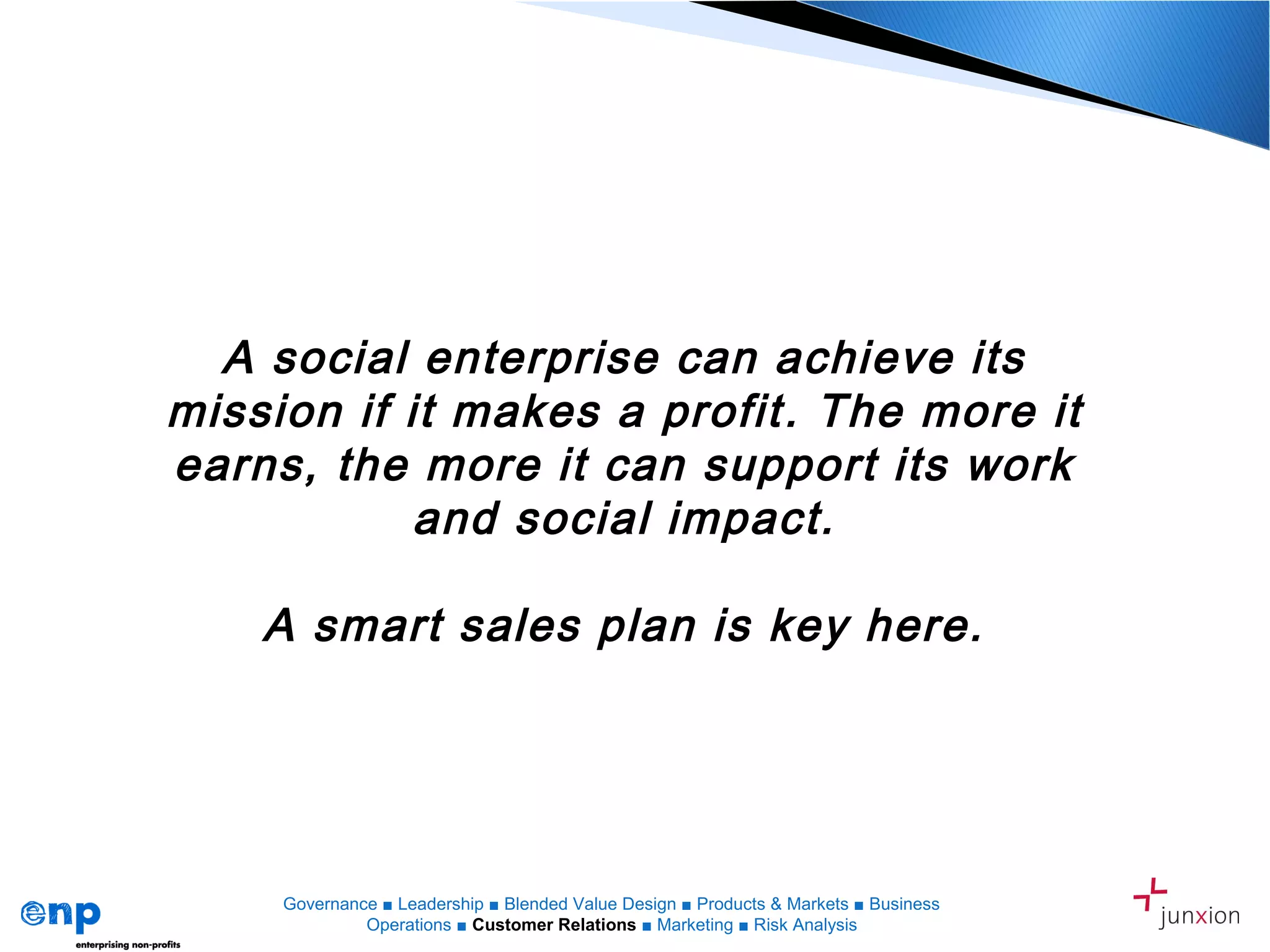 A social enterprise can achieve its
mission if it makes a profit. The more it
earns, the more it can support its work
and social impact.
A smart sales plan is key here.
Governance ■ Leadership ■ Blended Value Design ■ Products & Markets ■ Business
Operations ■ Customer Relations ■ Marketing ■ Risk Analysis
 