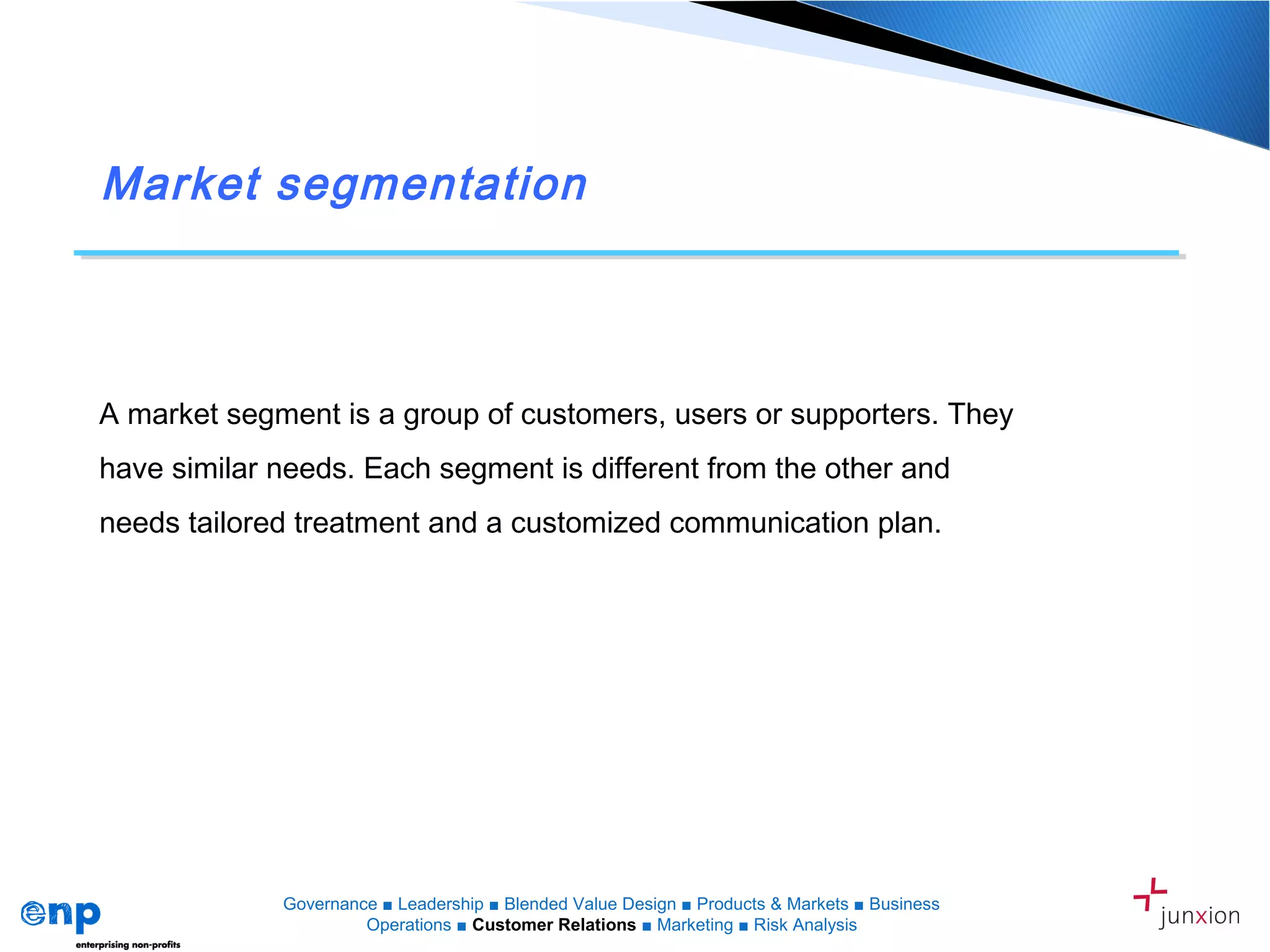 Market segmentation
A market segment is a group of customers, users or supporters. They
have similar needs. Each segment is different from the other and
needs tailored treatment and a customized communication plan.
Governance ■ Leadership ■ Blended Value Design ■ Products & Markets ■ Business
Operations ■ Customer Relations ■ Marketing ■ Risk Analysis
 