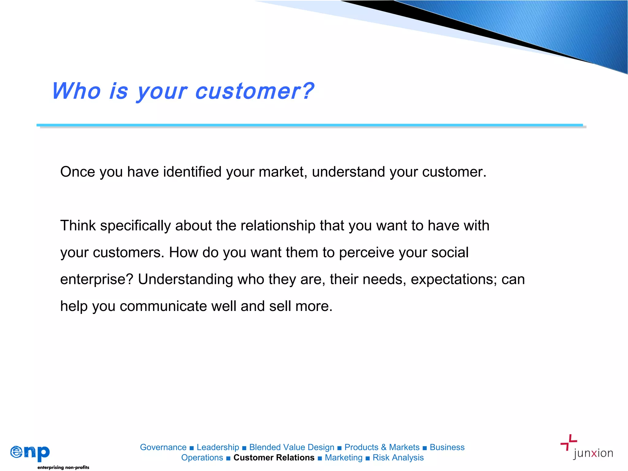 Who is your customer?
Once you have identified your market, understand your customer.
Think specifically about the relationship that you want to have with
your customers. How do you want them to perceive your social
enterprise? Understanding who they are, their needs, expectations; can
help you communicate well and sell more.
Governance ■ Leadership ■ Blended Value Design ■ Products & Markets ■ Business
Operations ■ Customer Relations ■ Marketing ■ Risk Analysis
 
