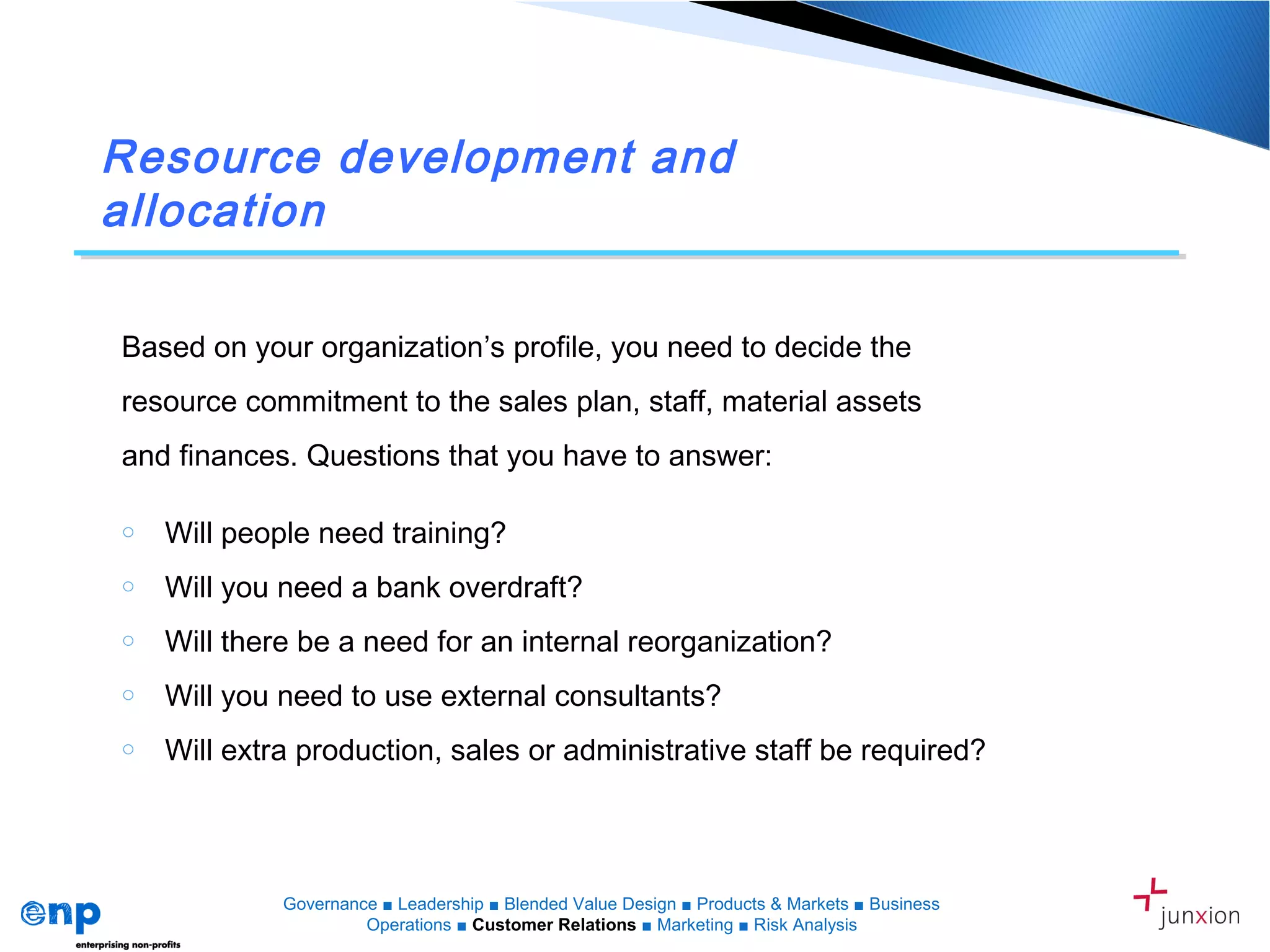 Resource development and
allocation
Based on your organization’s profile, you need to decide the
resource commitment to the sales plan, staff, material assets
and finances. Questions that you have to answer:
o Will people need training?
o Will you need a bank overdraft?
o Will there be a need for an internal reorganization?
o Will you need to use external consultants?
o Will extra production, sales or administrative staff be required?
Governance ■ Leadership ■ Blended Value Design ■ Products & Markets ■ Business
Operations ■ Customer Relations ■ Marketing ■ Risk Analysis
 