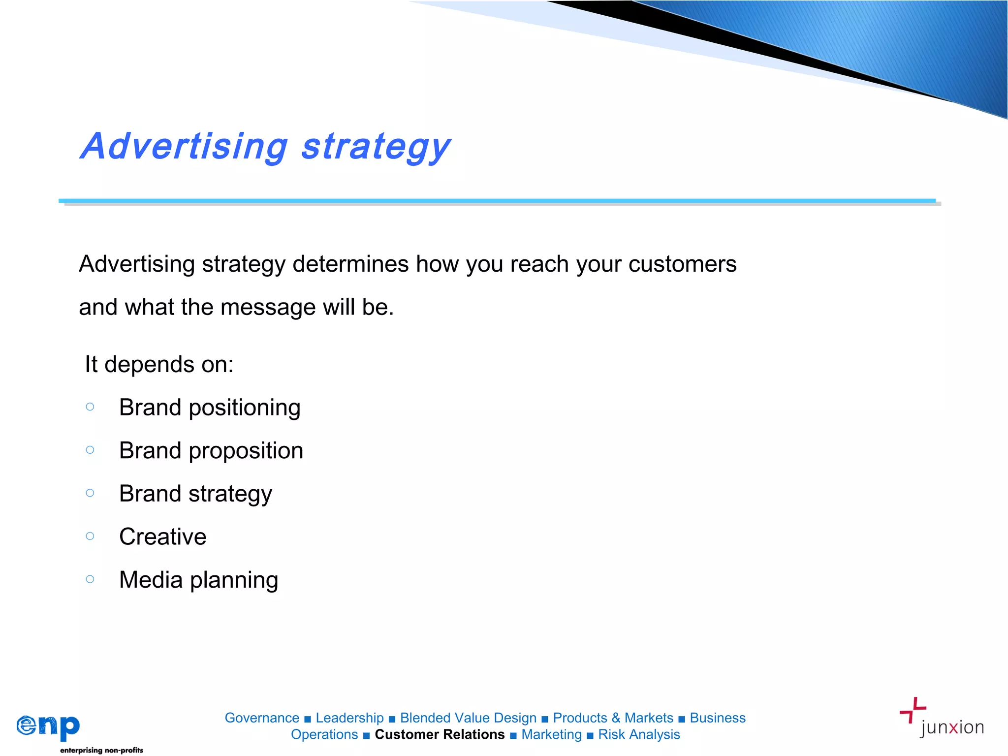 Advertising strategy
Advertising strategy determines how you reach your customers
and what the message will be.
It depends on:
o Brand positioning
o Brand proposition
o Brand strategy
o Creative
o Media planning
Governance ■ Leadership ■ Blended Value Design ■ Products & Markets ■ Business
Operations ■ Customer Relations ■ Marketing ■ Risk Analysis
 