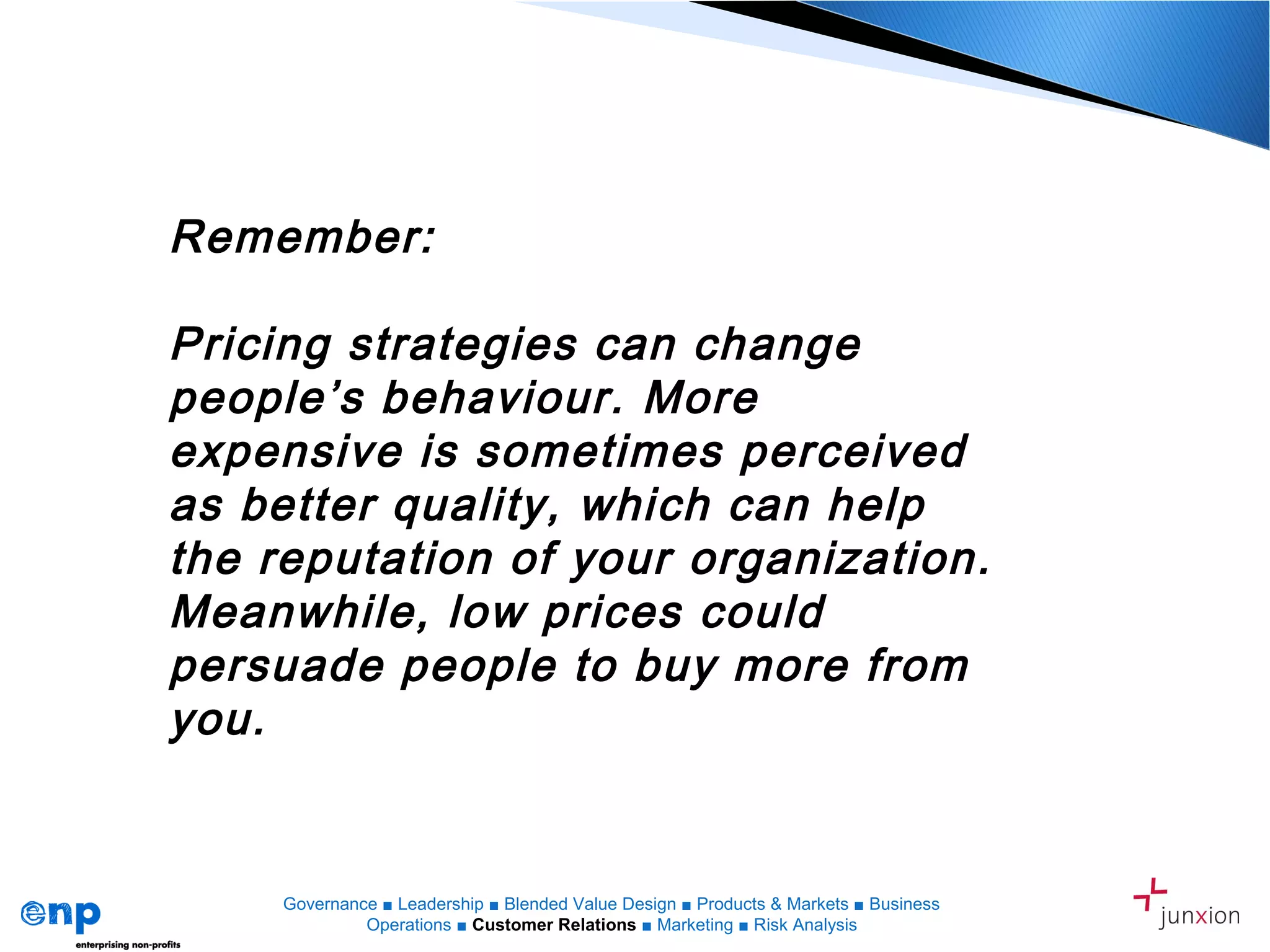 Remember:
Pricing strategies can change
people’s behaviour. More
expensive is sometimes perceived
as better quality, which can help
the reputation of your organization.
Meanwhile, low prices could
persuade people to buy more from
you.
Governance ■ Leadership ■ Blended Value Design ■ Products & Markets ■ Business
Operations ■ Customer Relations ■ Marketing ■ Risk Analysis
 