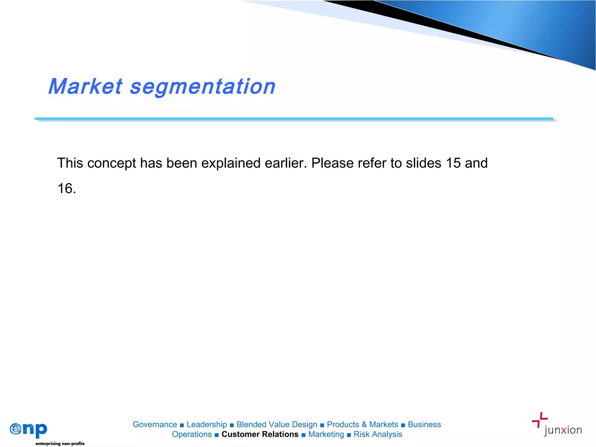 Market segmentation
This concept has been explained earlier. Please refer to slides 15 and
16.
Governance ■ Leadership ■ Blended Value Design ■ Products & Markets ■ Business
Operations ■ Customer Relations ■ Marketing ■ Risk Analysis
 