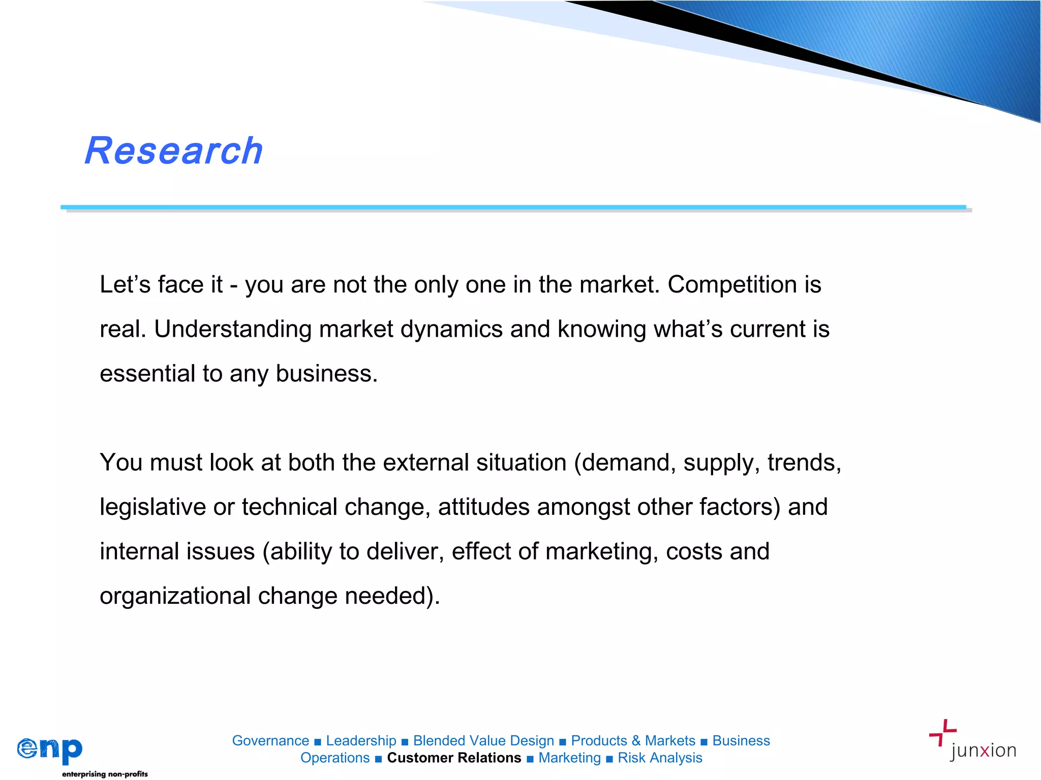 Research
Let’s face it - you are not the only one in the market. Competition is
real. Understanding market dynamics and knowing what’s current is
essential to any business.
You must look at both the external situation (demand, supply, trends,
legislative or technical change, attitudes amongst other factors) and
internal issues (ability to deliver, effect of marketing, costs and
organizational change needed).
Governance ■ Leadership ■ Blended Value Design ■ Products & Markets ■ Business
Operations ■ Customer Relations ■ Marketing ■ Risk Analysis
 