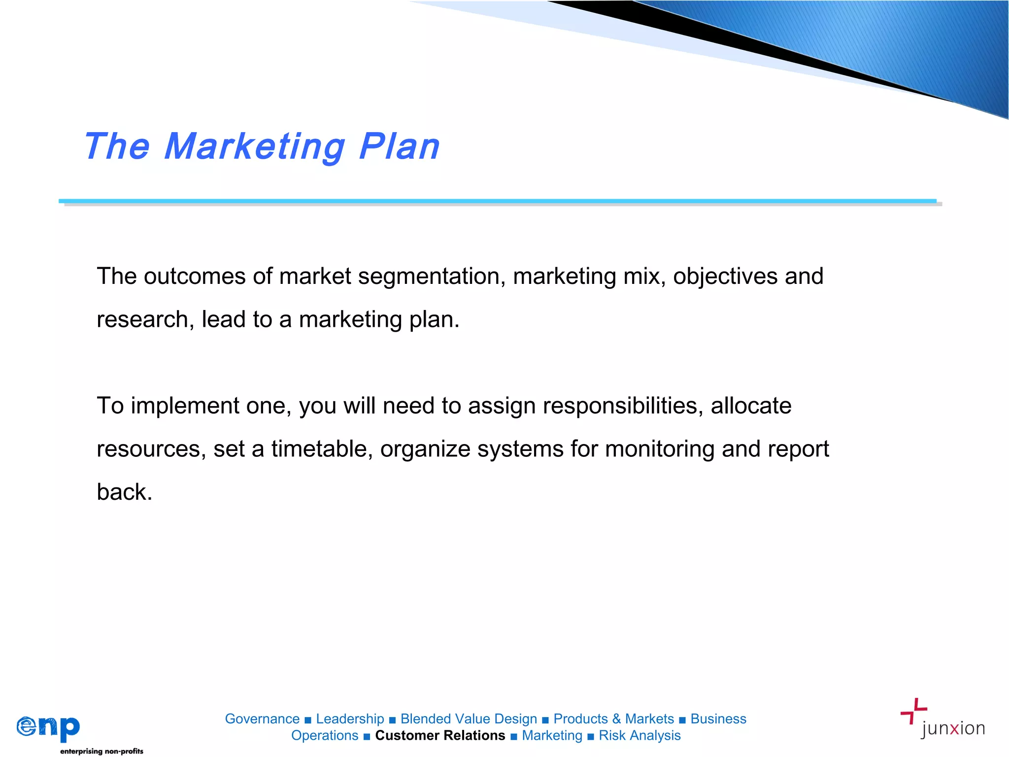 The Marketing Plan
The outcomes of market segmentation, marketing mix, objectives and
research, lead to a marketing plan.
To implement one, you will need to assign responsibilities, allocate
resources, set a timetable, organize systems for monitoring and report
back.
Governance ■ Leadership ■ Blended Value Design ■ Products & Markets ■ Business
Operations ■ Customer Relations ■ Marketing ■ Risk Analysis
 