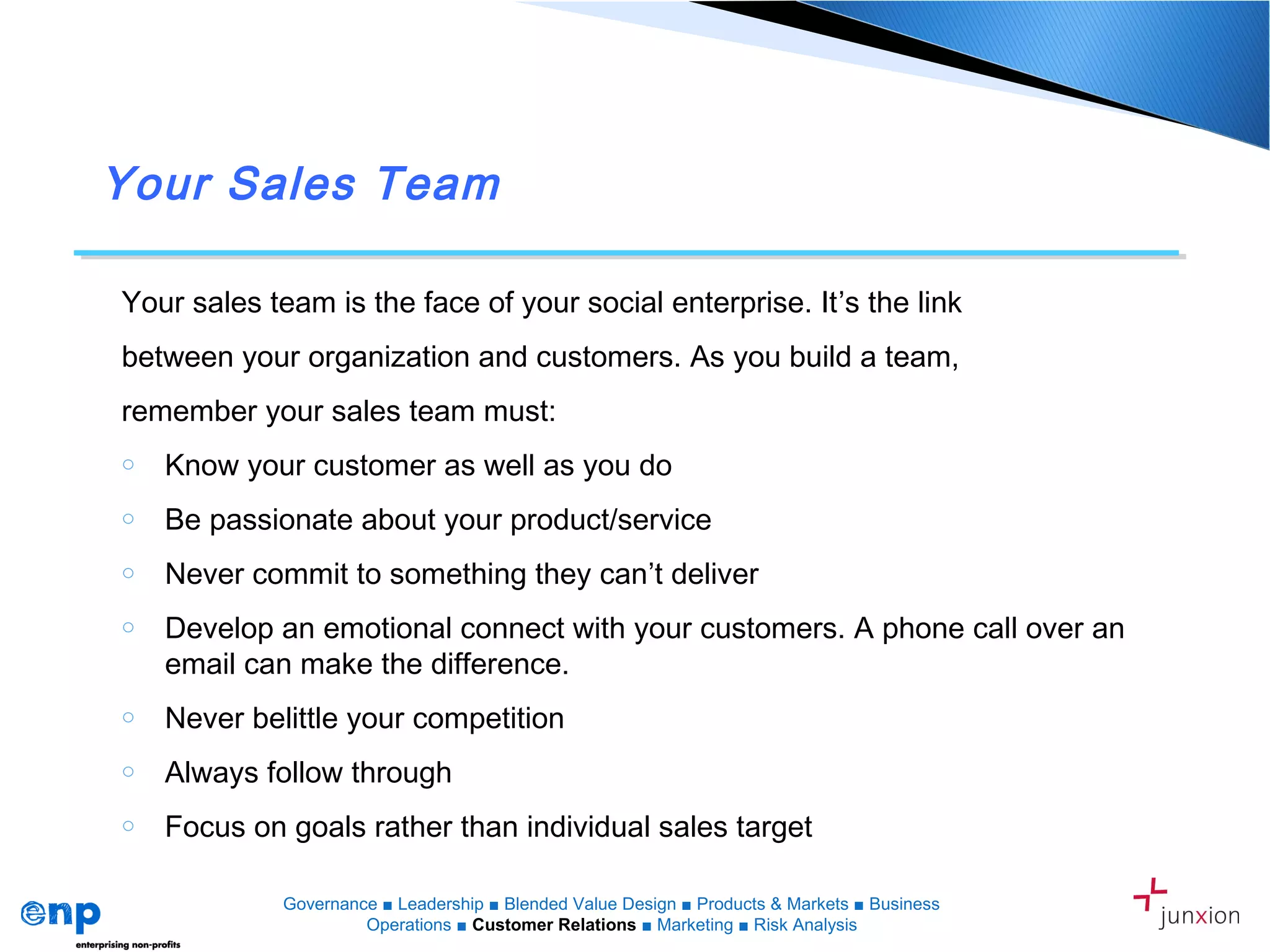 Your Sales Team
Your sales team is the face of your social enterprise. It’s the link
between your organization and customers. As you build a team,
remember your sales team must:
o Know your customer as well as you do
o Be passionate about your product/service
o Never commit to something they can’t deliver
o Develop an emotional connect with your customers. A phone call over an
email can make the difference.
o Never belittle your competition
o Always follow through
o Focus on goals rather than individual sales target
Governance ■ Leadership ■ Blended Value Design ■ Products & Markets ■ Business
Operations ■ Customer Relations ■ Marketing ■ Risk Analysis
 
