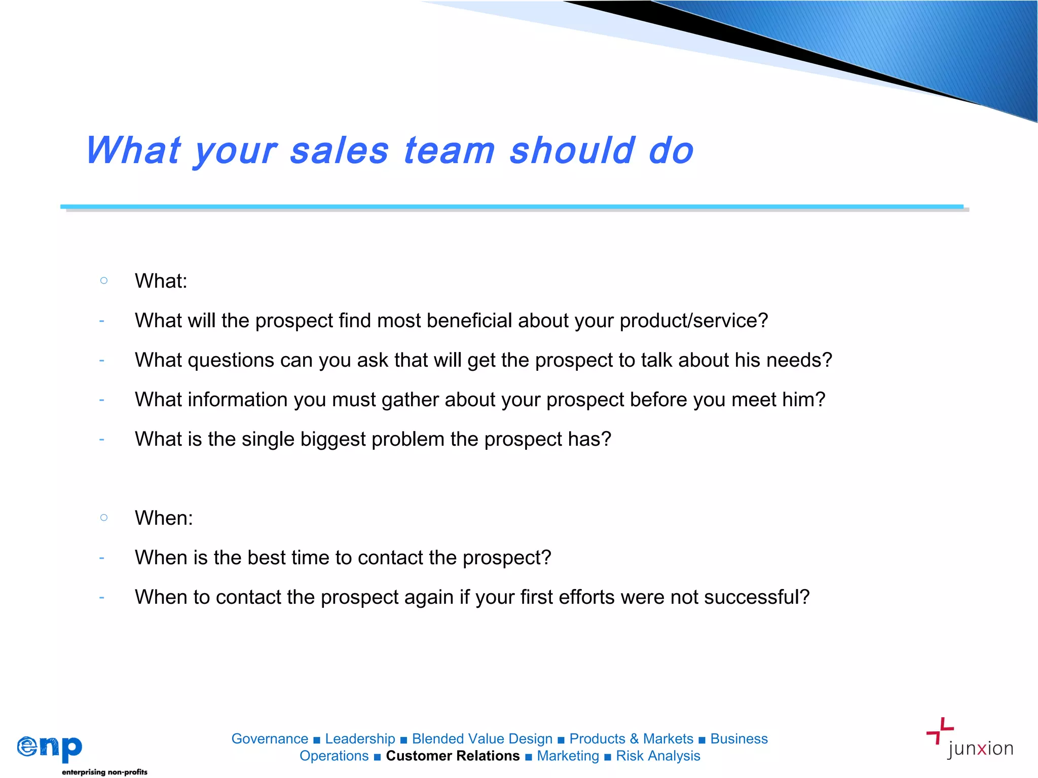 What your sales team should do
o What:
- What will the prospect find most beneficial about your product/service?
- What questions can you ask that will get the prospect to talk about his needs?
- What information you must gather about your prospect before you meet him?
- What is the single biggest problem the prospect has?
o When:
- When is the best time to contact the prospect?
- When to contact the prospect again if your first efforts were not successful?
Governance ■ Leadership ■ Blended Value Design ■ Products & Markets ■ Business
Operations ■ Customer Relations ■ Marketing ■ Risk Analysis
 